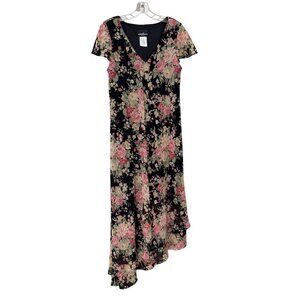 Positive Attitude VTG Floral Maxi Dress 14 Black Pink VNeck Asymmetrical Flutter